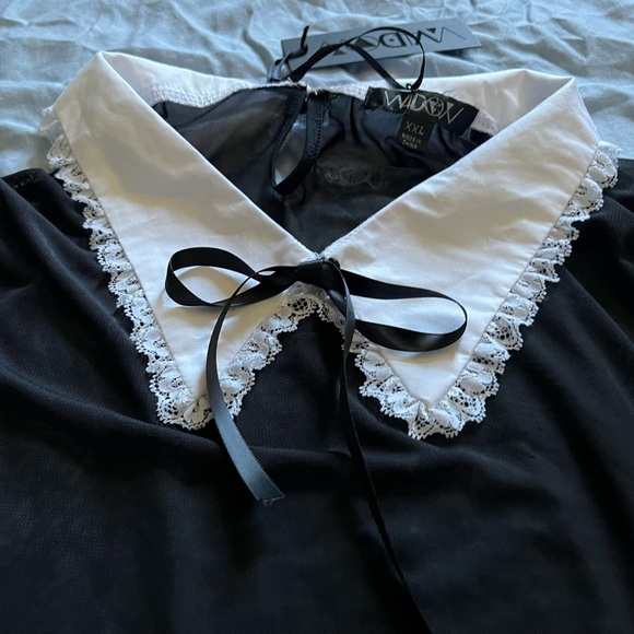 Dollskill Widow Terror After Tea Time Collared Mesh Crop Top Black and White NWT - Picture 6 of 8